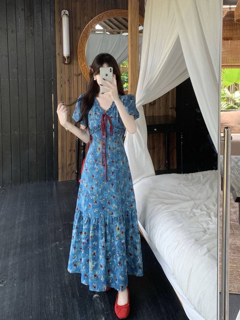 Floral Round Neck Puff Short Sleeves Maxi Dress